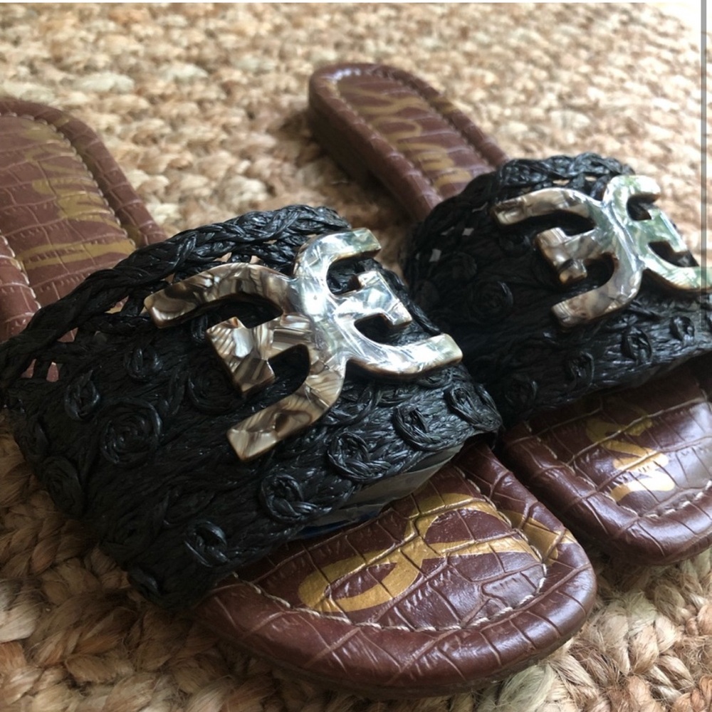 Sam Edelman Backer Black and Brown Raffia Slide Sandals 8 - Picture 2 of 12